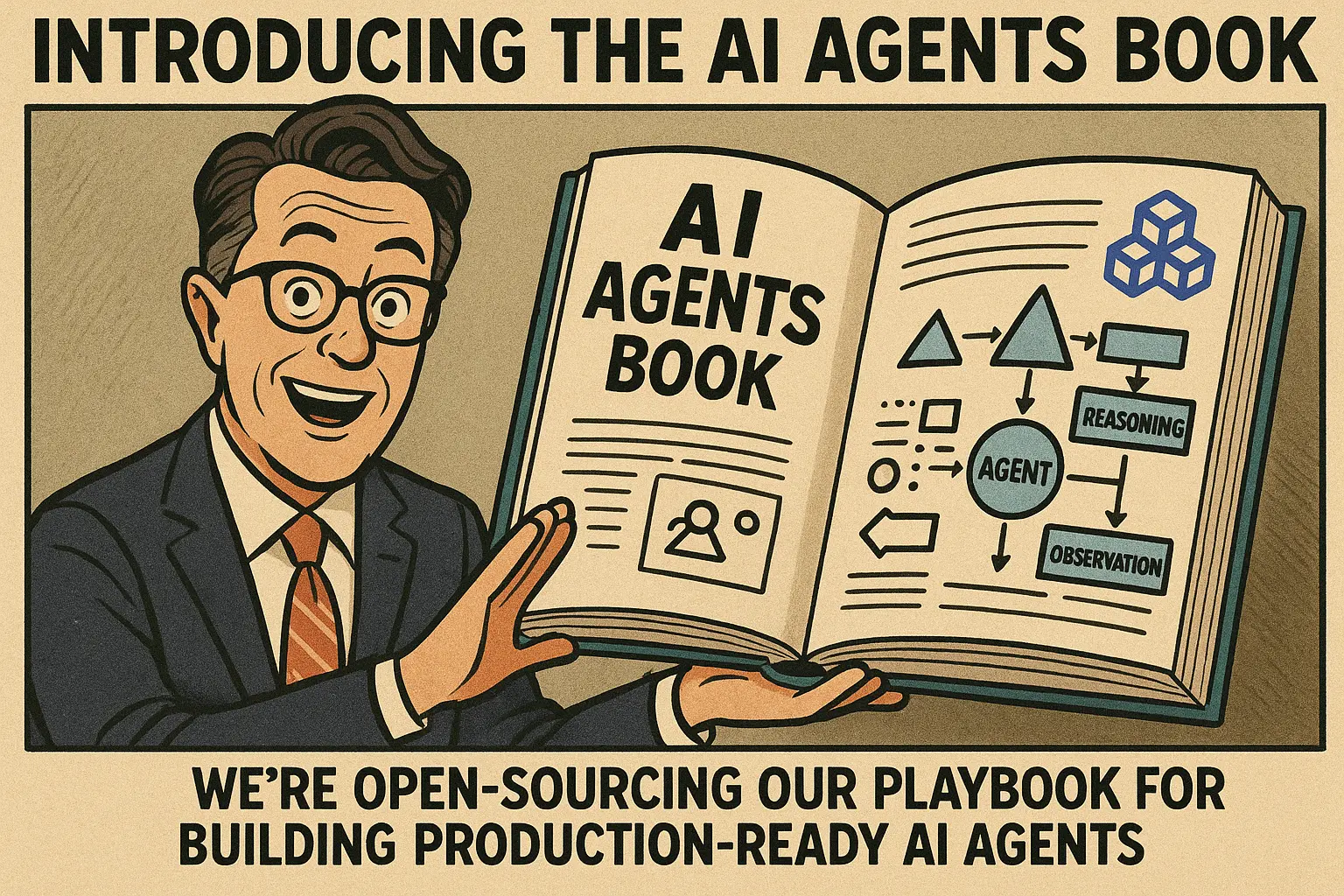 An open book with diagrams about AI agent architecture.